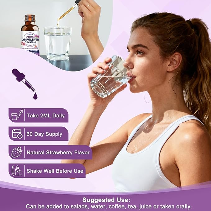 Liposomal Lymphatic Drainage Drops, 26 in 1 Liver Cleanse Detox & Repair with Milk Thistle, Echinacea, Glutathione, Vitamins, Lymph-Liver Cleanse, Gut & Metabolic Health - Mixed Berry Flavor 4 Fl Oz