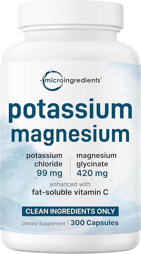 ﻿Pure Potassium Supplement with Magnesium Glycinate, 300 Capsules | Enhanced with Fat-Soluble Vitamin C | Chloride + Glycinate Mineral Electrolyte Complex | Only Active Ingredients | Filler Free