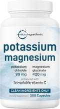 ﻿Pure Potassium Supplement with Magnesium Glycinate, 300 Capsules | Enhanced with Fat-Soluble Vitamin C | Chloride + Glycinate Mineral Electrolyte Complex | Only Active Ingredients | Filler Free