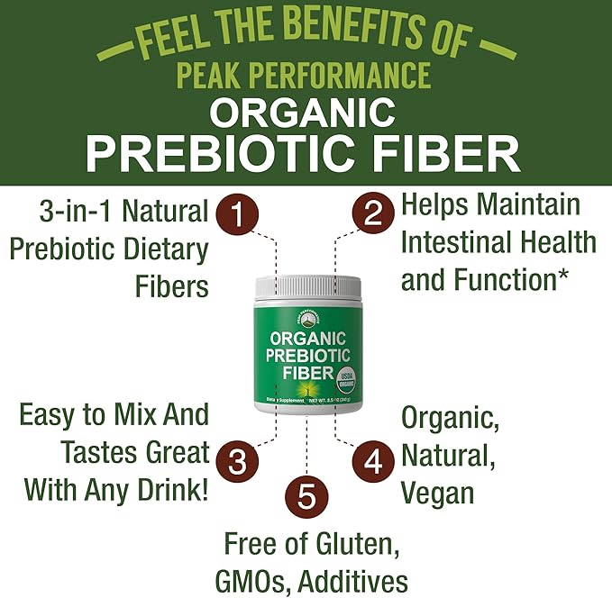 USDA Organic Prebiotic Fiber 3-in-1 Vegan Powder for Gut Health - Raw Whole Food Plant Based Prebiotics Digestive Supplement with Inulin (Jerusalem Artichoke), Acacia Fibers, SunFiber 240g