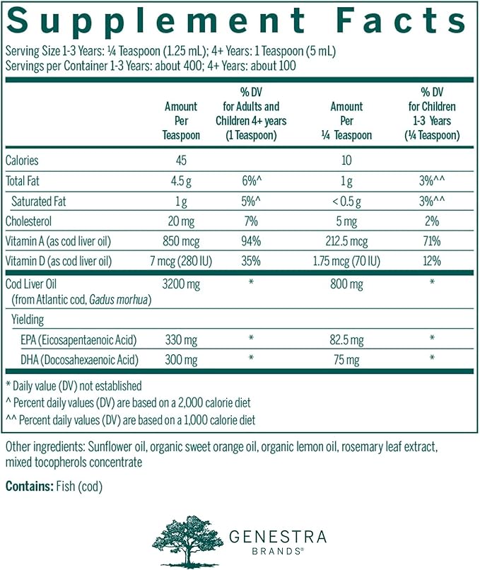 Genestra Brands Cod Liver Oil Forte | Vitamin + Essential Fatty Acid Supplement | 16.9 fl. oz.