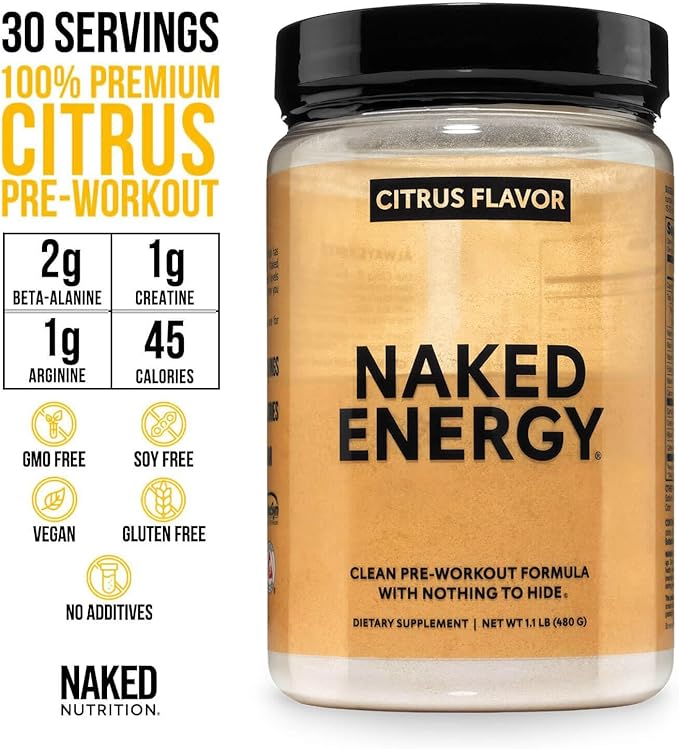 NAKED Citrus Energy - Citrus Flavored Clean Pre Workout Supplement for Men and Women, NSF Certified, Vegan Friendly, No Added Sweeteners, Colors Or Flavors - 30 Servings