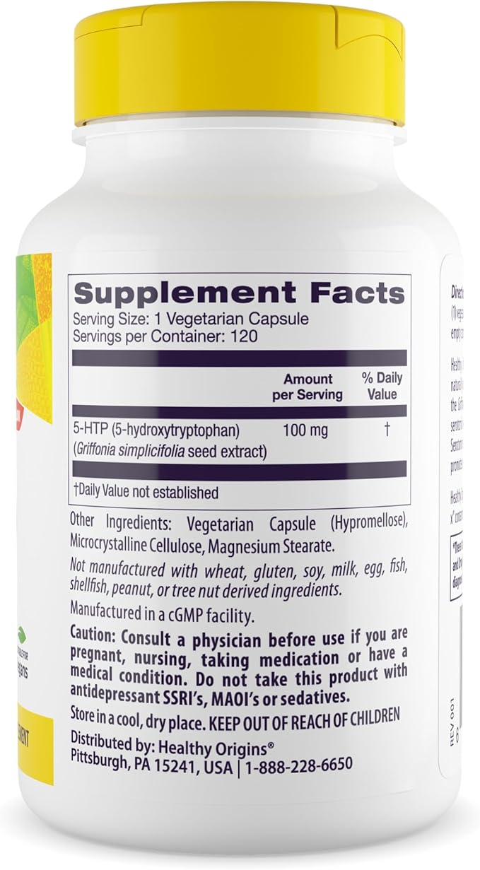Healthy Origins 5-HTP 100 mg, 120 Veggie Capsules - Natural 5-Hydroxytryptophan from Griffonia Simplicifolia Seed - Supports Serotonin Production, Emotional Well-Being & Healthy Sleep Patterns