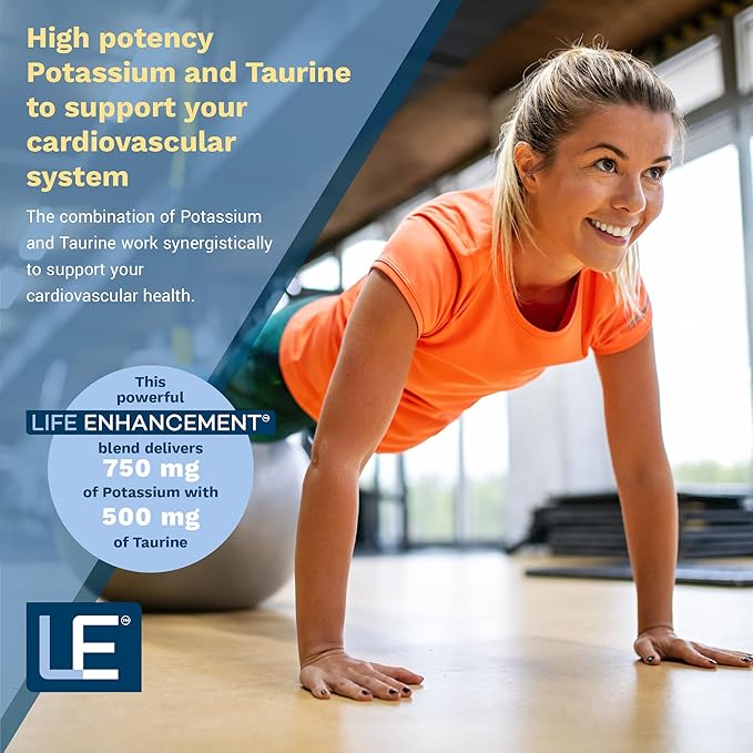 Life Enhancement High Potency Potassium Supplement Cardio synergestic Formula, 750mg Potassium/500 mg Taurine Supports and optimizes Cardiovascular Health Made in USA (120 Capsules – 60 Servings)