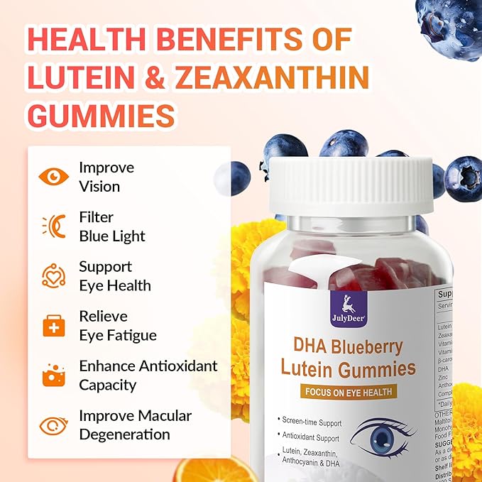 2 Packs Lutein and Zeaxanthin Gummies Supplements Support Eye Health, 9 in 1 with 8mg Lutein & 1.6mg Zeaxanthin, Eye Support | Non-GMO, Vegan | Sweet Orange Flavor | 120 Gummies