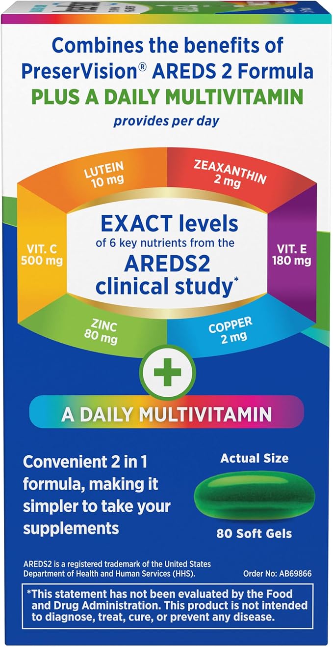 PreserVision AREDS 2 + Multivitamin,#1 Eye Doctor Recommended Brand,2-in-1 Eye Vitamin with Lutein,Zeaxanthin,Zinc,and Vitamin C,D & E,80 Softgels,(Pack of 2)