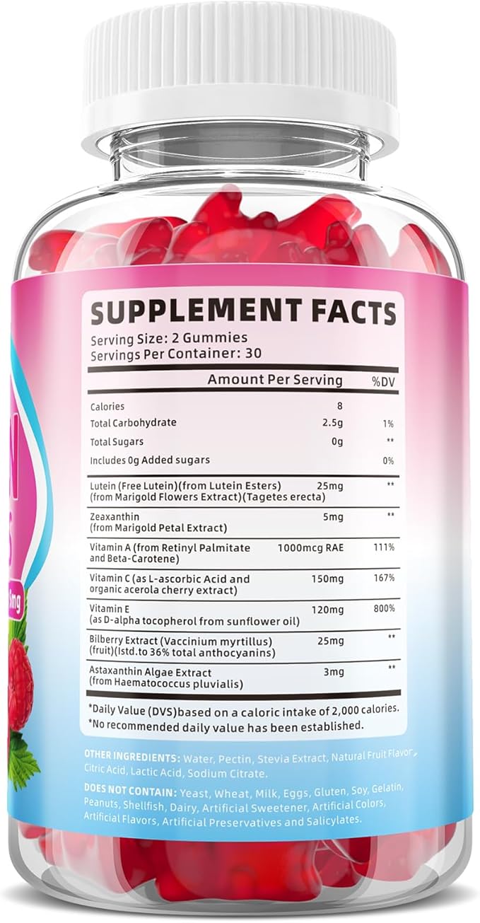 Lutein and Zeaxanthin Supplements, Lutein Gummies with Zeaxanthin,Vitamins A, C, E, Bilberry, Astaxanthin for Vision Health & Eye Strain, Sugar-Free/Vegan, Raspberry Flavor 60 Count