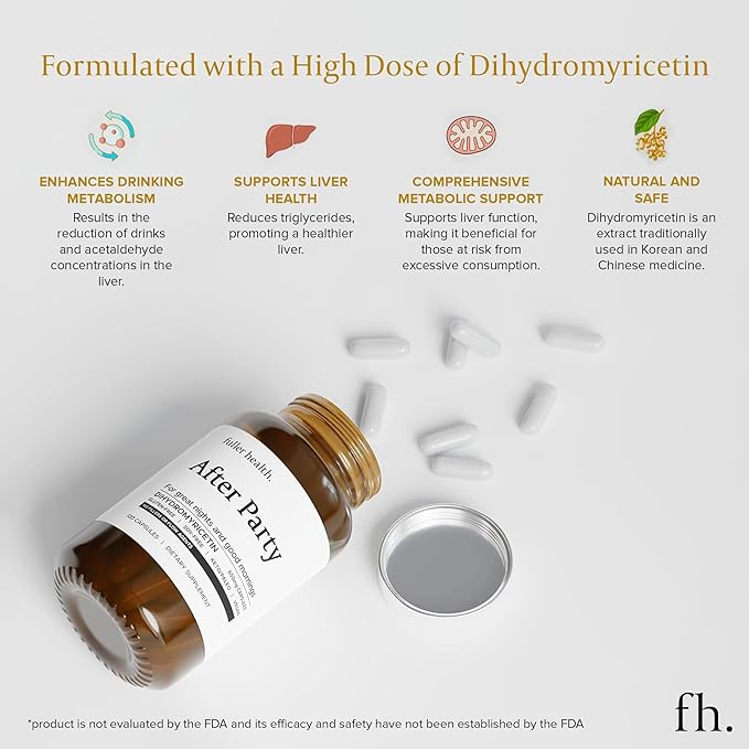 Fuller Health After Party DHM Dihydromyricetin Supplement | Supports Liver, Metabolism, Energy Levels, Post-Celebration Relief | Feel Refreshed, 650mg Per Pill | 3 Bottles, 72 Servings