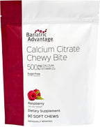 Bariatric Advantage Calcium Citrate Chewy Bites 500 mg - Highly Absorbable & Digestible - Vitamin D3 - Easily Chewable Calcium Supplement - Raspberry Flavor - 90 Count
