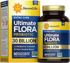 Renew Life Adult Probiotics 30 Billion CFU Guaranteed, 12 Strains, For Men & Women, Shelf Stable, Gluten Dairy & Soy Free, Ultimate Flora Extra Care, 60 Count, Pack of 1