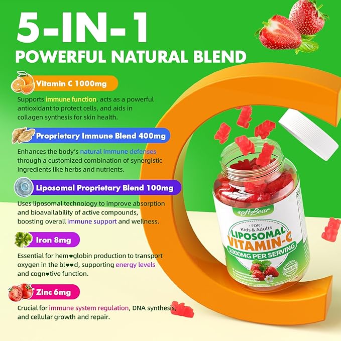 softbear Liposomal Vitamin C Gummies for Adults & Kids 1000mg, Chewable Vitamin C Supplement for Immune Support, Vegan/Organic/Sugar Free VIT C Gummies, Strawberry Flavor 60 Count