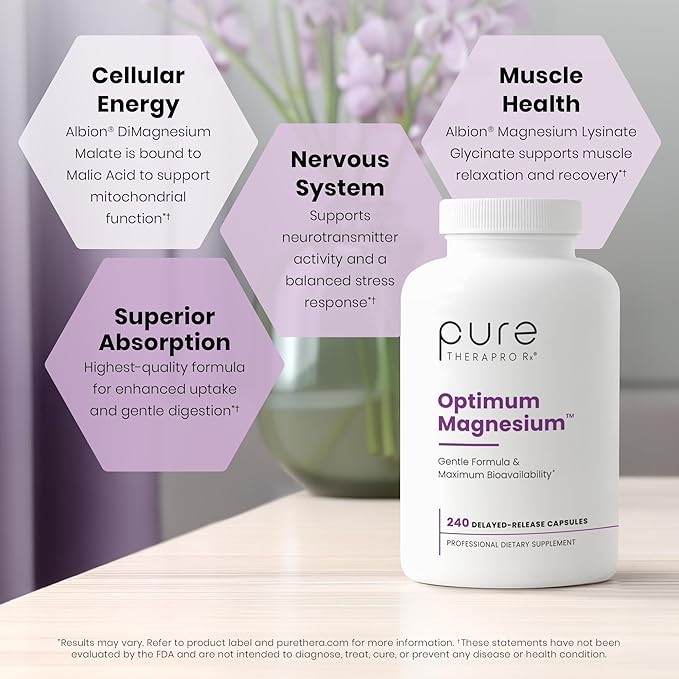 Pure TheraPro Rx Optimum Magnesium Lysinate Glycinate & Di-Magnesium Malate, Made in USA | 4 Month Supply | Chelated for Maximum Absorption, Supports Bone Health & Energy, 240 Count