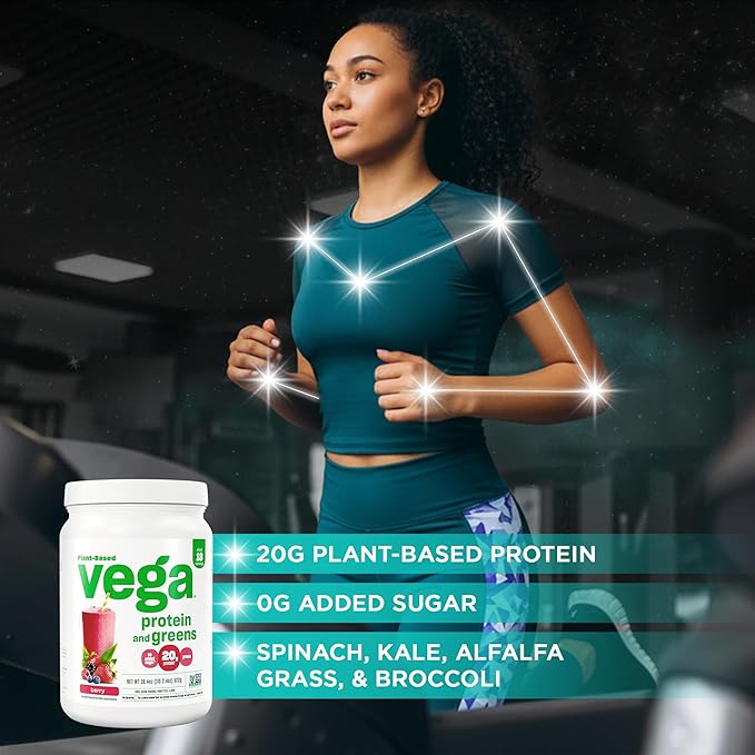Vega Premium Protein + Supergreens, Berry – 20g Vegan Protein, Dairy & Gluten Free, 19.2 oz (18 Servings)