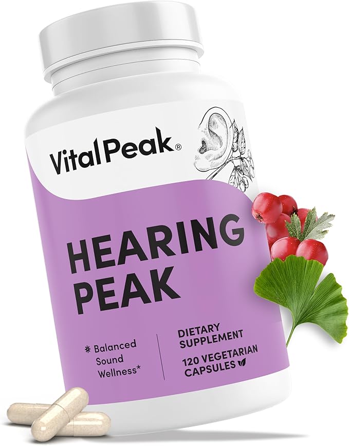 Vital Peak® Hearing Peak - Tinnitus Supplements - Ear Health Supplements for Ringing Ears with Magnesium, Ginkgo Biloba, Green Tea Extract, Niacin, Acetyl L-Carnitine Vegan Gluten Free - 120 Capsules