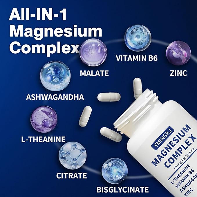 Magnesium Complex Supplement 350 mg - 120 Capsules - with Glycinate L-Theanine Ashwagandha & Zinc, Vegan - 60 Servings