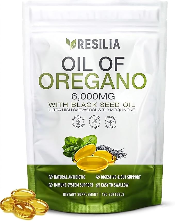 Resilia Softgels with Black Seed Oil 6000mg – Organic Oregano Oil Capsules for Immune & Digestive Support – Non-GMO, Gluten-Free Softgels – Natural Herbal Wellness Supplement (180 Count)