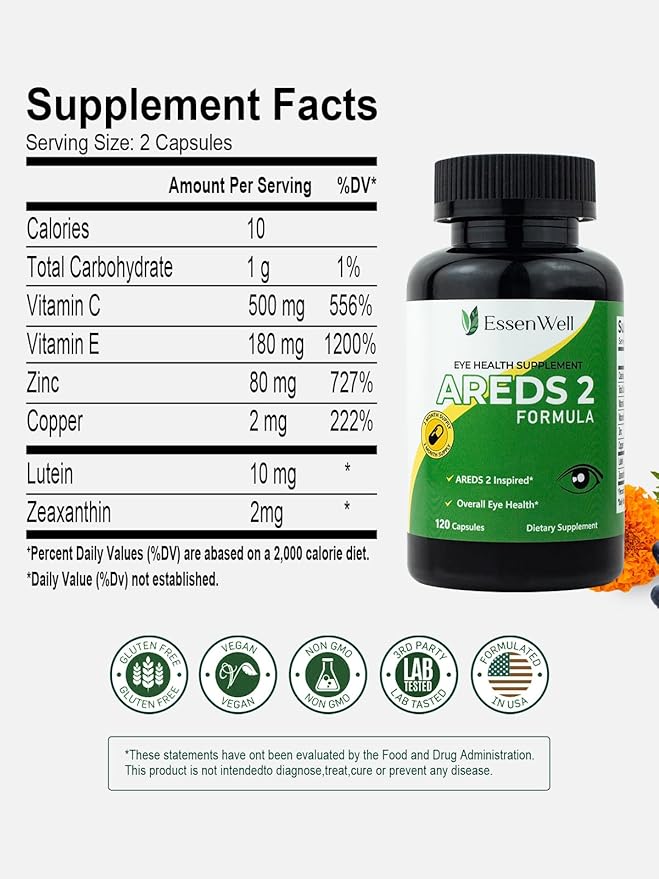 AREDS 2 120 Capsules + Multivitamin, Lutein and Zeaxanthin 20mg, 2-in-1 Eye Vitamin, Contains Vitamin C, D, E & Zinc