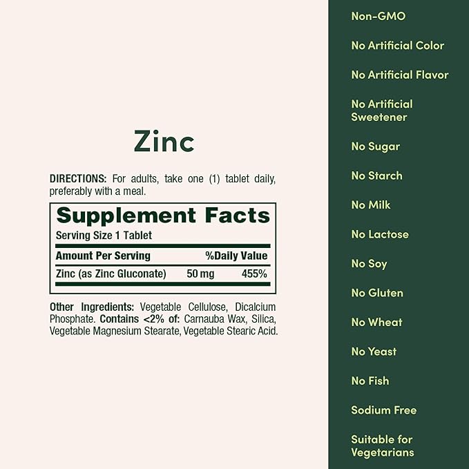 Nature’s Bounty Zinc 50mg,Immune Support & Antioxidant Supplement,Promotes Skin Health,1 Caplet Per Day,Gluten Free,250 Vegetarian Caplets,(Pack of 2)