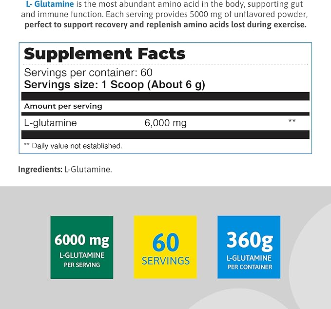 L-Glutamine Premium Powder - 6,000 mg per Serving for Muscle Recovery - Unflavored, Vegan, Non-GMO, Gluten-Free, Dairy-Free, 60 Servings for Improved Performance and Faster Recovery