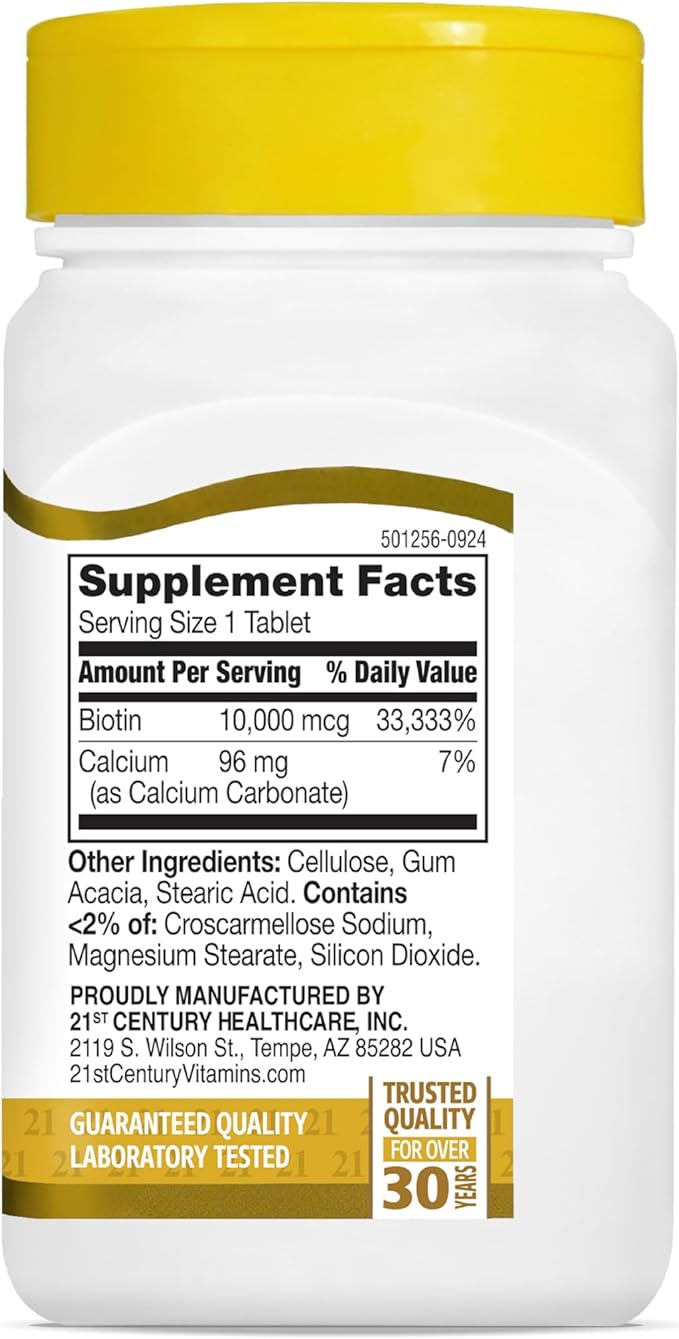 21st Century Biotin 10,000 mcg Tablets (360 Count), High Potency Biotin Supplement, Supports Hair, Skin & Nail Health, Gluten & Sugar-Free, Daily Vitamin B7 Supplement, Non-GMO