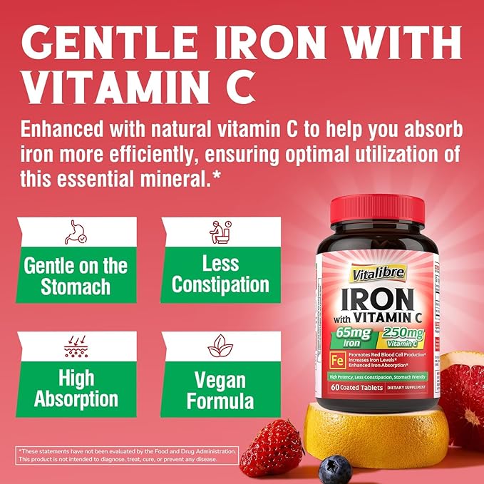 Iron Supplement, 65mg Carbonyl Iron with 250mg Vitamin C, Stomach Friendly Iron Pills for Blood Building Women & Men, High Absorption, No Nausea, No Constipation, Non-GMO, No Gluten, 60 Vegan Tabs