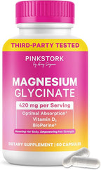 Pink Stork Magnesium Glycinate with Vitamin D - Magnesium Supplement for Women to Support Natural Calm, Mood, and Sleep - Hormone Balance for Women - 60 Capsules, 1 Month Supply