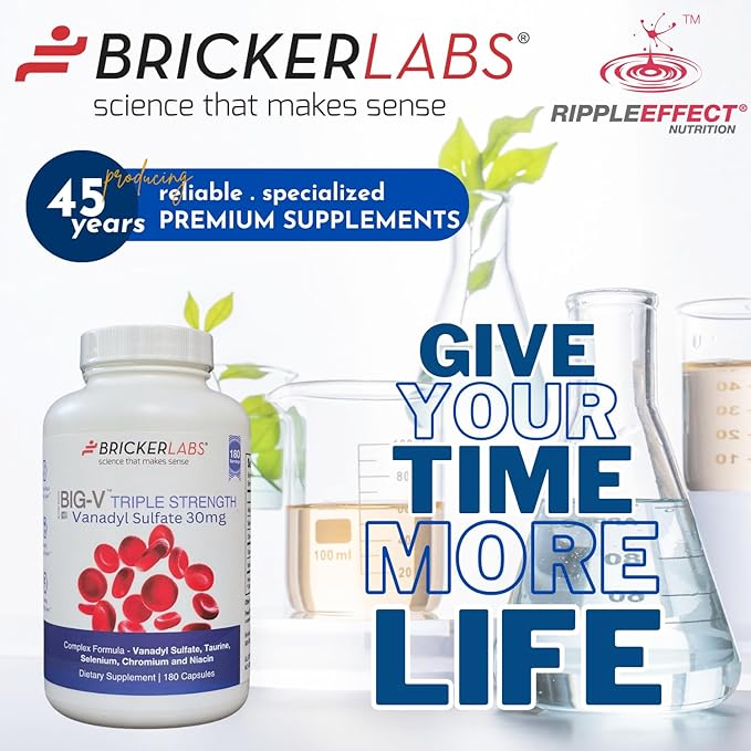 Bricker Labs Big-V Triple Strength Vanadyl Supplement: Vanadyl Sulfate 30 mg, Taurine 600 mg, Selenium, Chromium and Niacin, Blended Mineral Supplement, 180 Capsules (180 Servings)