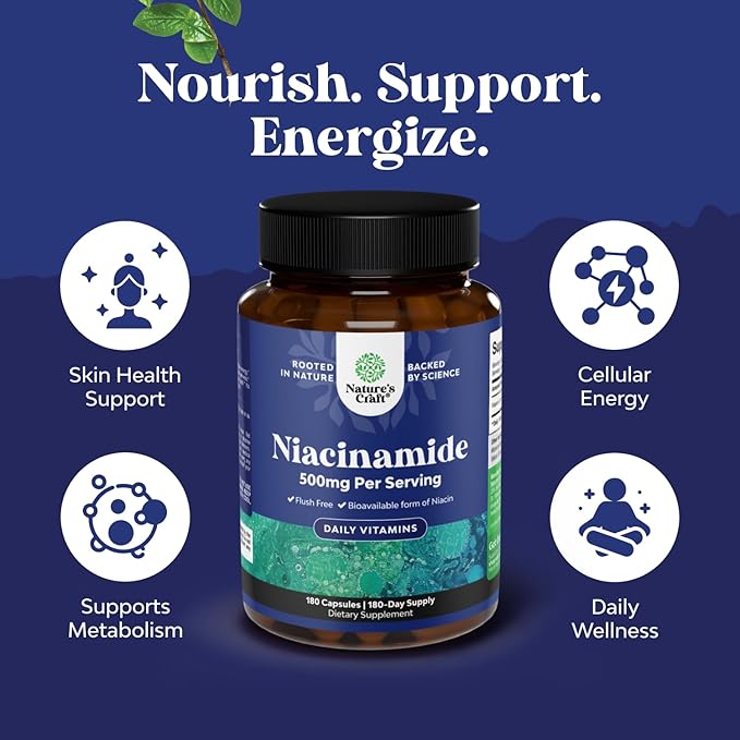 Pure Vitamin B3 Niacinamide 500mg Capsules - Niacinamide (Vit B3) 500mg Flush Free Form of B3 Vitamins for Skin Health Detox & NAD Production Support for Women & Men - Healthy Skin Supplement - 180 Ct