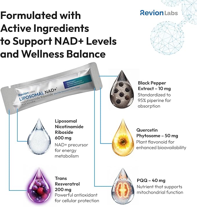 Liposomal NAD+ Liquid Packets - Liposomal Nicotinamide Riboside Resveratrol PQQ for Cellular Health Energy Focus & Healthy Aging