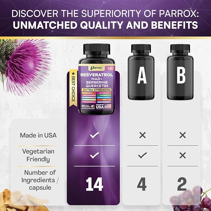 Resveratrol Supplement with Milk Thistle, NAD, Berberine, Quercetin, Fisetin, Pomegranate, Green Tea, Noni, Acai, Blueberry, Grape Seed Extracts, N-Acetyl Cysteine, 14-in-1 Extra Strength (180 Caps)