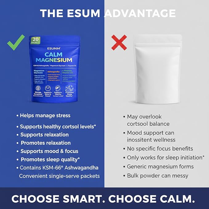 ESUNM Calm Magnesium Drink Mix Packets, Magnesium Glycinate with KSM-66 Ashwagandha, L-Theanine, GABA, Saffron & Vitamin D3, Relaxation, Mood & Sleep Support, Raspberry Lemonade, 20 Stick Packs
