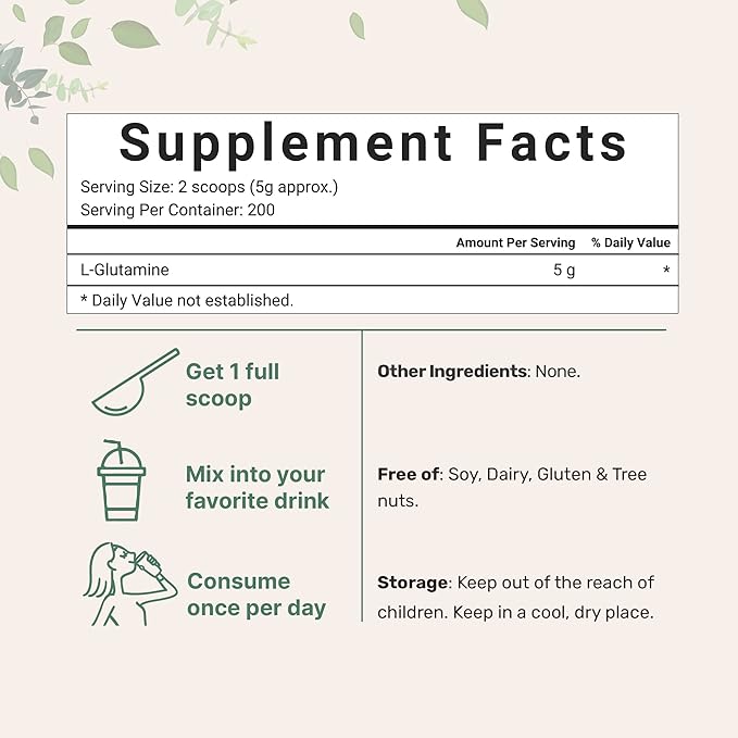 Pure L-Glutamine Powder, 2.2lbs (1kg) | Free Form Amino Acid | Unflavored Glutamine Supplement | Non-GMO, Vegan Friendly