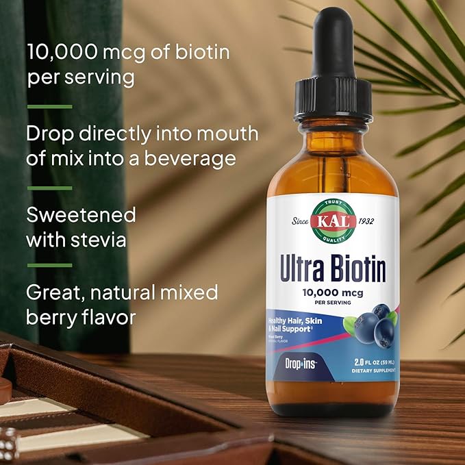 KAL Ultra Biotin 10,000mcg DropIns -Liquid Biotin Drops- High Potency Vitamin B7 - Hair, Skin, and Nails Vitamins, Cellular Energy Support - Natural Berry Flavor - 60-Day Guarantee - 59 Servings, 2oz