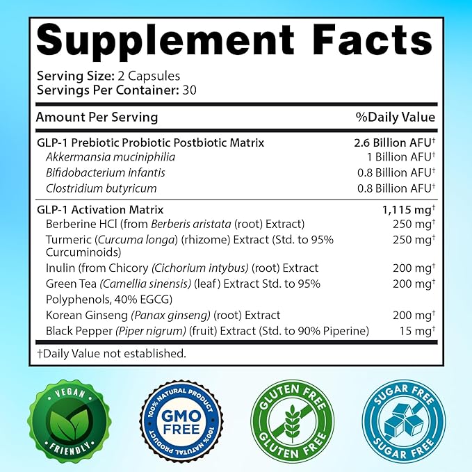GLP-1 XLR8 Supplement for Weight Loss, Digestion, Constipation, Bloating Relief with Akkermansia 2.6 Billion AFU Live Prebiotic Probiotic Postbiotic Gut Health + Berberine for Women Men 180 Capsules