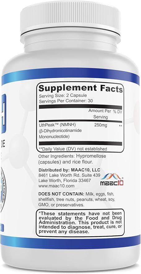 MAAC10 NMNH (NMN Supplement Alternative) 250mg Serving | Uthpeak™ NMNH (Dihydronicotinamide Mononucleotide) for Better Stability | 30-Day Supply. (Pack of 3)
