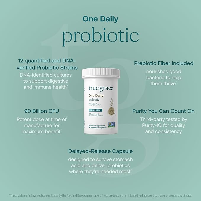 True Grace One Daily Probiotic - 60 Vegetarian Capsules - 90 Billion CFU - Gut, Digestive & Immune Health Support Blend with Prebiotic Fiber - Gluten & Soy Free - 60 Servings