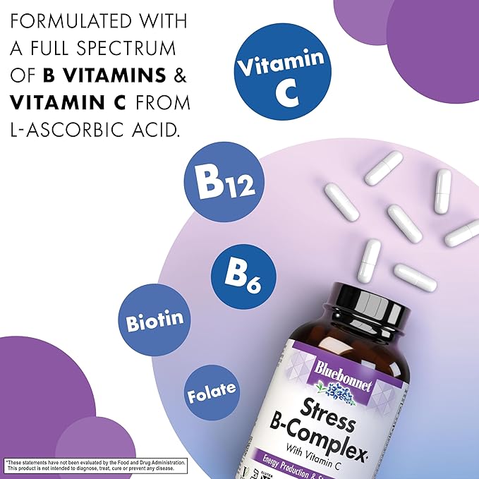 BlueBonnet Stress Vitamin B Complex for Women & Men - Daily Vitamin B6, B12, B2, B3, B5, Folate Energy & Daily Fatigue Supplement - Vegan & Gluten-Free VIT B Complex - 50 Vegetable Capsules