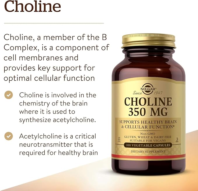 Solgar Choline 350 mg, 100 Vegetable Capsules - Supports Healthy Brain & Cellular Function - Vegan, Gluten Free, Dairy Free, Kosher - 100 Servings