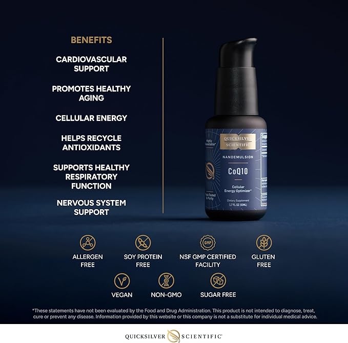 Quicksilver Scientific CoQ10 Nanoemulsion - Liposomal Coenzyme Q10 Cardiovascular Support & Cellular Energy Supplement - Fast Absorbing Liquid (1.7oz / 50ml)