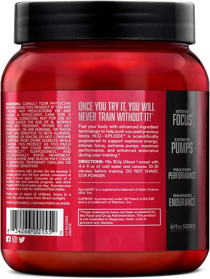 BSN N.O.-XPLODE Pre Workout Powder, Energy Supplement for Men and Women with Creatine and Beta-Alanine, Blue Raz, 30 Servings, 1.2 Pound (Packaging May Vary)