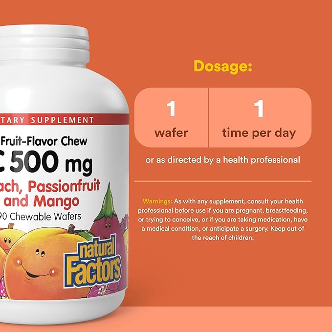 Natural Factors, Kids Chewable Vitamin C 500 mg, Supports Immune Health, Bones, Teeth and Gums, Peach, Passionfruit and Mango, 90 Wafers
