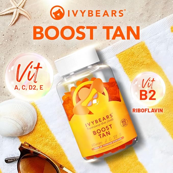 IvyBears Glow Tanning Gummies - Beta Carotene, Vitamin A, C, D2 & E - [AI Tanning Specialist ADA] Supports Healthy Tan & Glow - Vegan & Made in Germany - Pack of 60 - Boost Tan