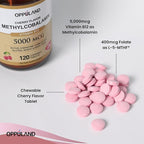 Methyl B-12 5000mcg Chewable with Folate - Vitamin B12 Methylcobalamin Sublingual Tablets - Supports Energy & Brain Function - Vegan Supplement - Cherry Flavor - 120 Count