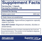 Superior Labs Alpha Lipoic Acid 600 mg Capsules, Pure Non-GMO ALA, High Absorption, Nerve Support, Healthy Circulation and Nerve Response, Healthy Aging Antioxidant, 120 Veg Caps, 4-Month Supply
