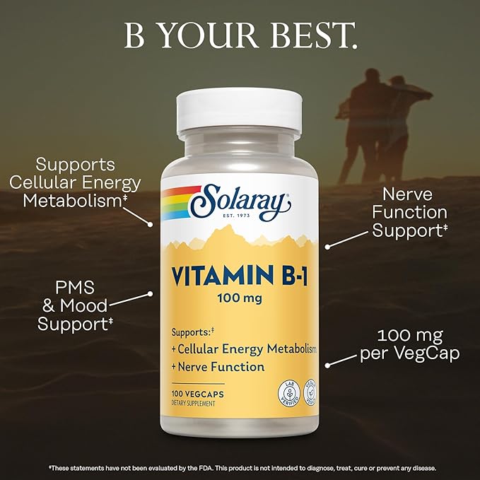 SOLARAY Vitamin B-1 100 mg | Healthy Energy Metabolism, Skin, Brain, Heart & Nervous System Support | 100 VegCaps