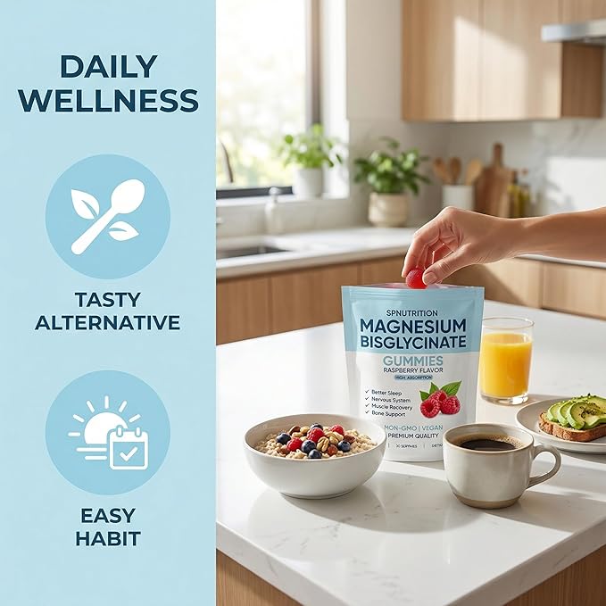 Spnutrition Magnesium Bisglycinate Gummies, 400mg Magnesium Bisglycinate Chelate with Sea Salt & Raspberry Powder, Supports Sleep, Nerve & Muscle Relaxation, Bone Health Support, Vegan, 60 Gummies (1)