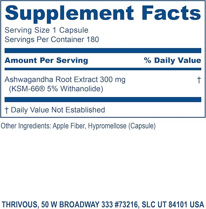 Thrivous Ashwagandha Root Extract, 300 mg KSM-66 with 5% Withanolide, 180 Capsules, Third-Party Tested Dietary Supplement