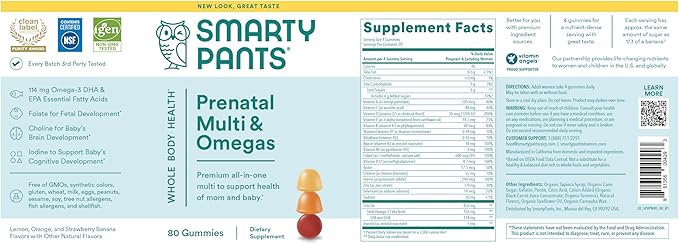 SmartyPants Prenatal Vitamins for Women, Multivitamin Gummies: Omega 3 Fish Oil (EPA/DHA), Biotin, Methylfolate, Vitamin D3, C, Vitamin B12,B6 A,K &Zinc, Inositol,(20 Day Supply),80 Count (Pack of 2)
