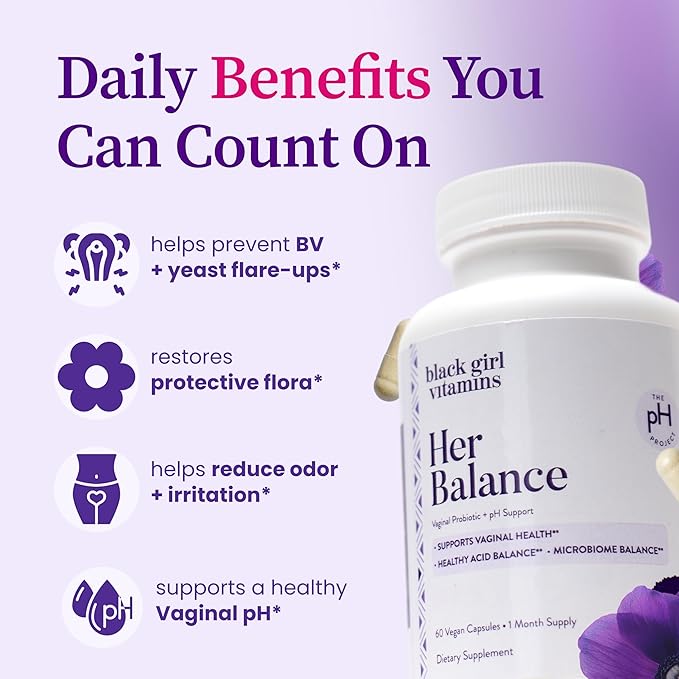 Black Girl Vitamins - Her Balance Vaginal Probiotics - Daily Microbiome Support for Women - 10 Billion CFU Lactobacillus Crispatus & Gasseri + Herbal Blend - Vegan, Gluten-Free, Halal (30-Day Supply)