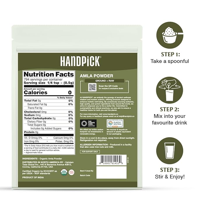 HANDPICK Organic Amla Powder (14oz) Amalaki, USDA Organic, Non-GMO | 100% Raw and Natural - Lab Tested for Purity | Indian Gooseberry Powder | Resealable Zip Lock Pouch